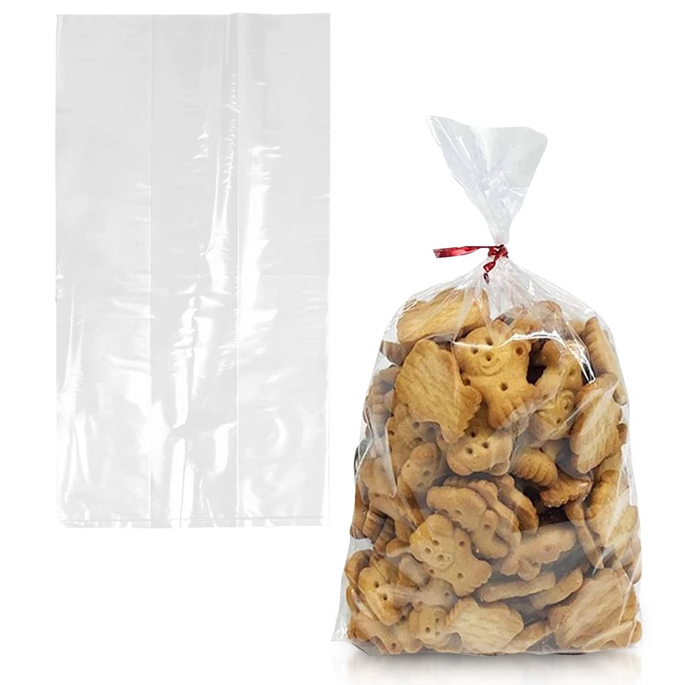 APQ Clear Gusseted Poly Bags, 6 x 3 x 12 Inches. Pack of 100 Waterproof Side Gusseted Plastic Bags with Open Top. 2 Mil Thick Flat Bottom Clear Bag for Packaging Popcorn, Cookies, Bread
