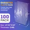 APQ Clear Gusseted Poly Bags, 6 x 3 x 12 Inches. Pack of 100 Waterproof Side Gusseted Plastic Bags with Open Top. 2 Mil Thick Flat Bottom Clear Bag for Packaging Popcorn, Cookies, Bread view 2