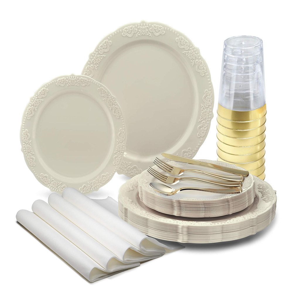 " OCCASIONS " 200 Piece set (25 Guests)-Vintage Wedding Party Disposable Plastic Plates & cutlery -25x10.25''+ 25x7.5'' +Gold Silverware+ Gold Rim Cups + Napkins (Portofino Plain Ivory)