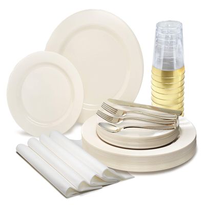 " OCCASIONS " 200pcs set (25 Guests)-Heavyweight Wedding Party Disposable Plastic Plate Set -25 x 10.5'' + 25 x 7.5'' + Silverware + Cups +linen like paper Napkins (Plain Ivory)