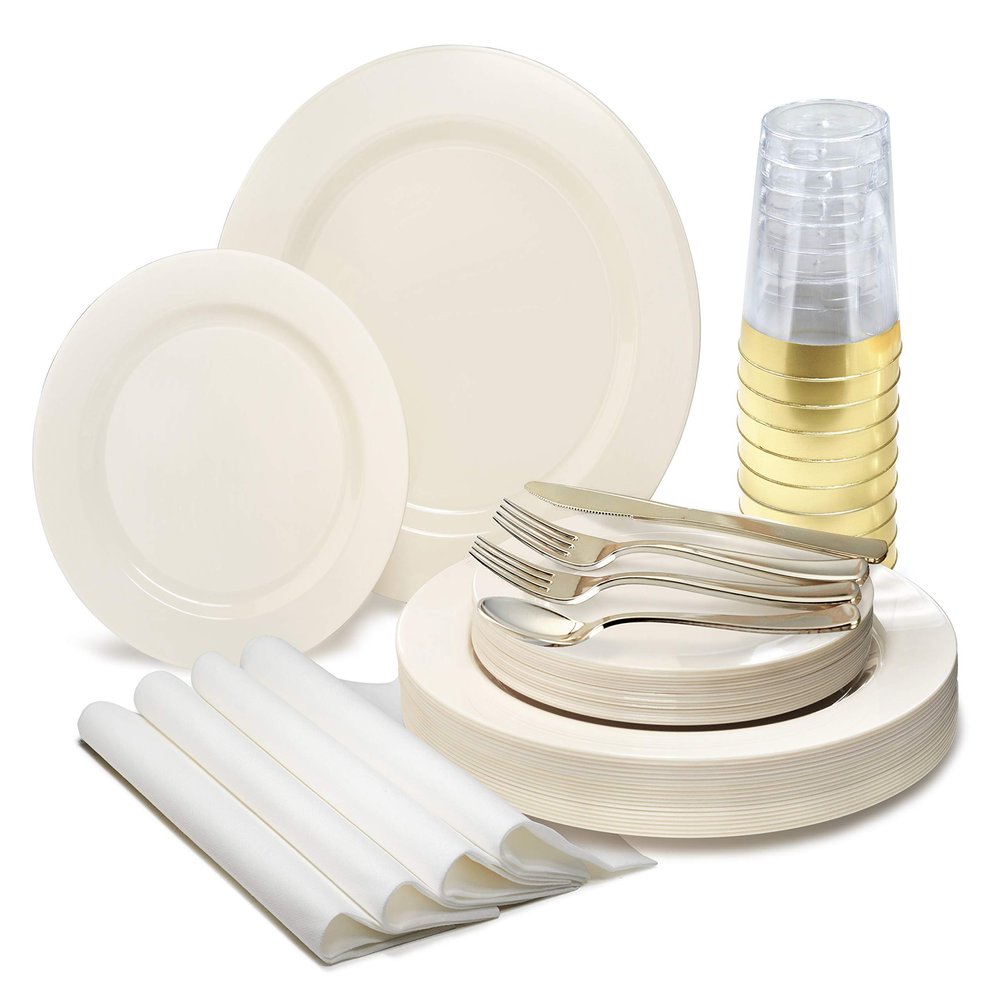 " OCCASIONS " 200pcs set (25 Guests)-Heavyweight Wedding Party Disposable Plastic Plate Set -25 x 10.5'' + 25 x 7.5'' + Silverware + Cups +linen like paper Napkins (Plain Ivory)