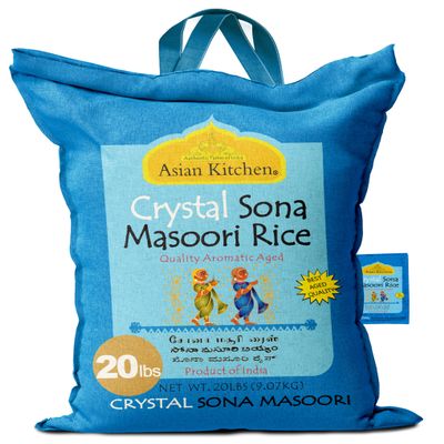 Asian Kitchen Crystal Sona Masoori Aged Rice 20-Pound Bag, 20lbs (9.08kg) Short Grain Rice ~ All Natural | Gluten Friendly | Vegan | Indian Origin | Export Quality