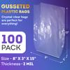 APQ Clear Gusseted Poly Bags, 8 x 3 x 15 Inches. Pack of 100 Waterproof Side Gusseted Plastic Bags with Open Top. 2 Mil Thick Flat Bottom Clear Bag for Packaging Popcorn, Cookies, Bread view 2
