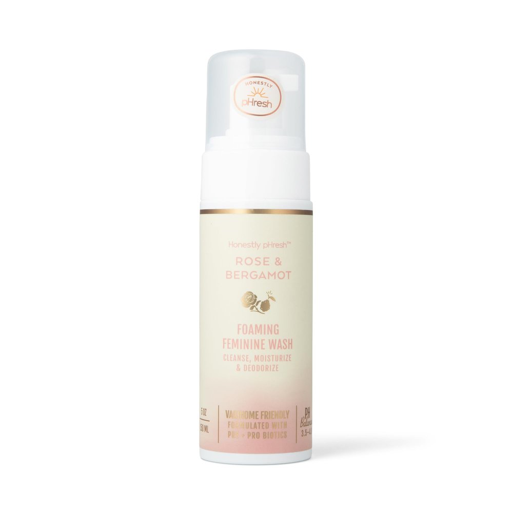 Honestly pHresh Foaming Feminine Wash for Women pH Balanced Natural Intimate Cleanser with Prebiotics & Probiotics. Vegan, Sensitive Skin Safe. Made In USA - Rose & Bergamot Scent, 5 oz
