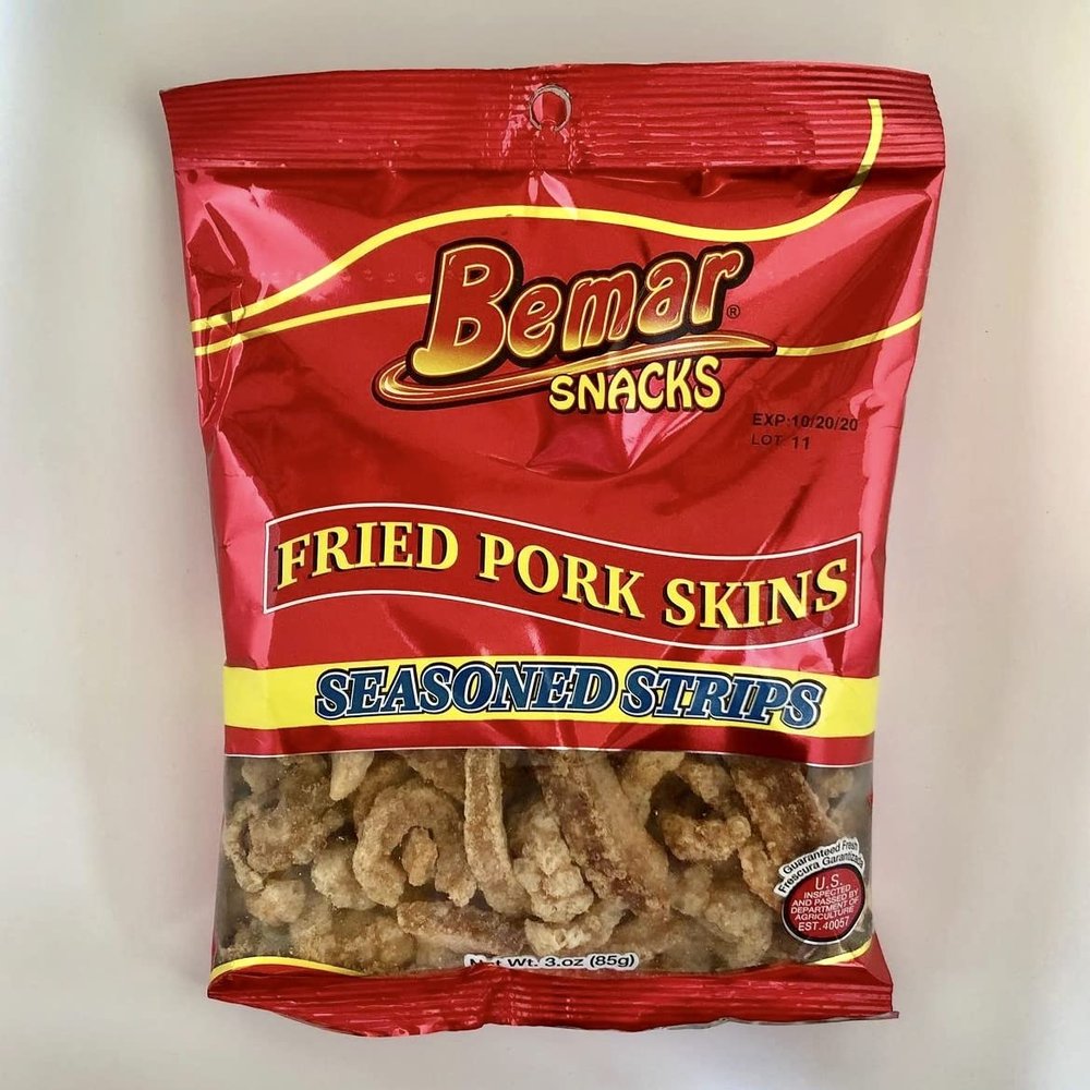 Bemar Snacks Fried Pork Skins Seasoned Strips 24 Bags 3oz per Bag