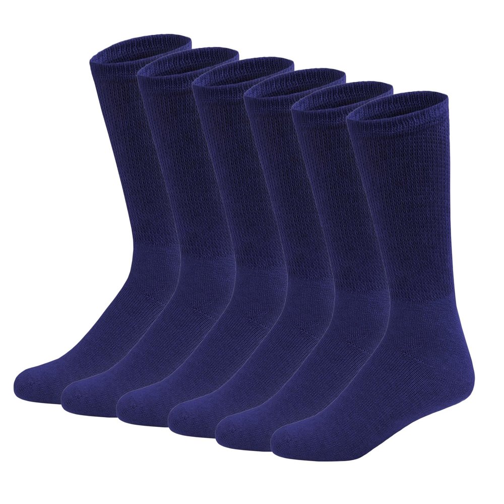 6 Pairs of Cotton Diabetic Neuropathy Crew Socks (9-11, Fits Men's shoe size 7-9.5, Navy)