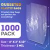 APQ Supply Clear Gusseted Poly Bags, 4 x 2 x 10 Inches. Pack of 1000 Side Gusseted Plastic Bags with Open Top. Crystal Clear Baggies for Treats. Tear-Resistant 2 Mil Polyethylene Flat Bottom Bag view 2