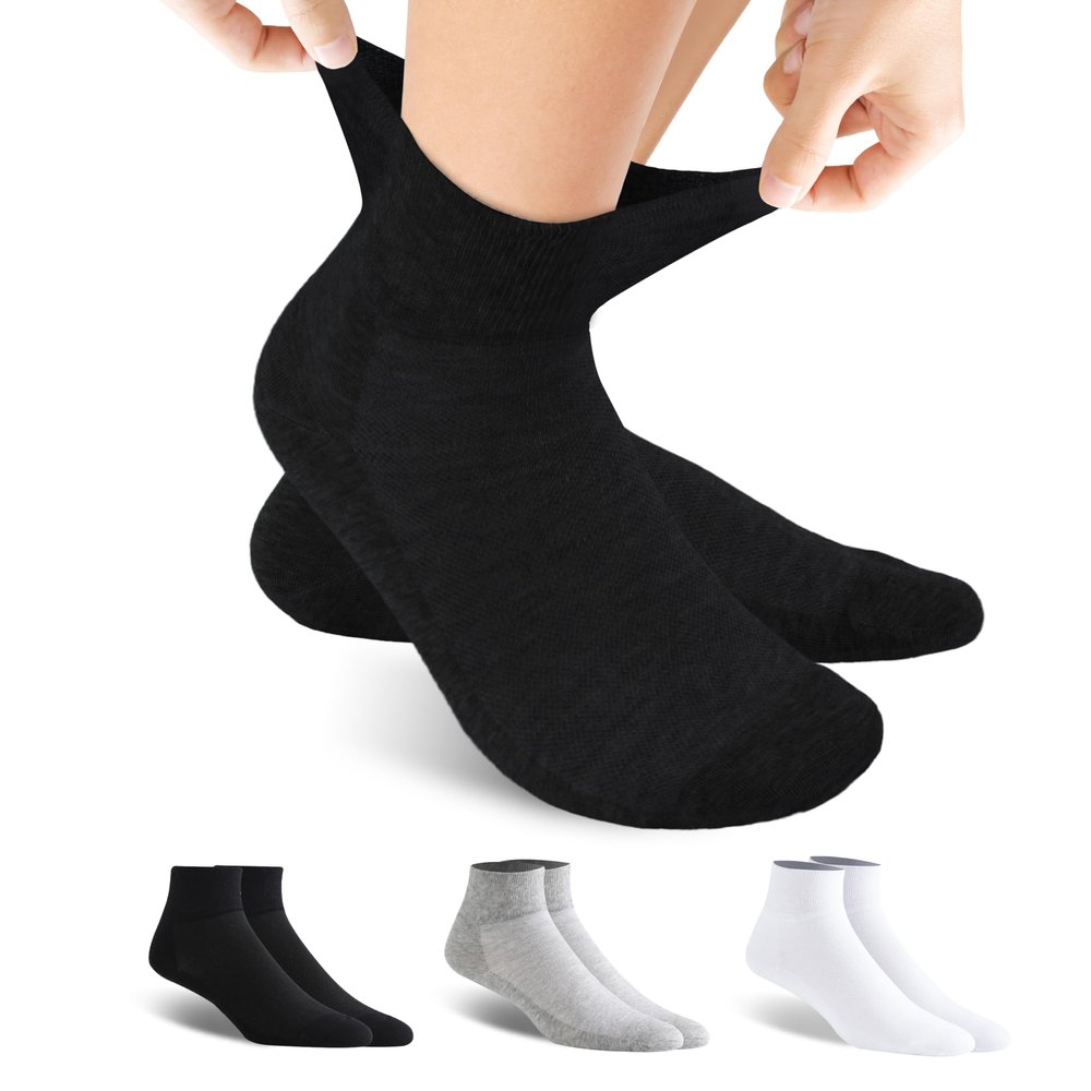 Forcool 3 Pairs Diabetic Ankle Socks Women's Men's Non Binding Loose Top Seamless Toe Soft Ankle Low Cut Cotton Socks, Medium Black/Gray/White