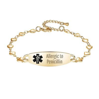LinnaLove Heart Medical alert bracelet for Women Fashion Medical ID bracelets with Free engravingGold-ALLERGIC TO PENICILLIN 
