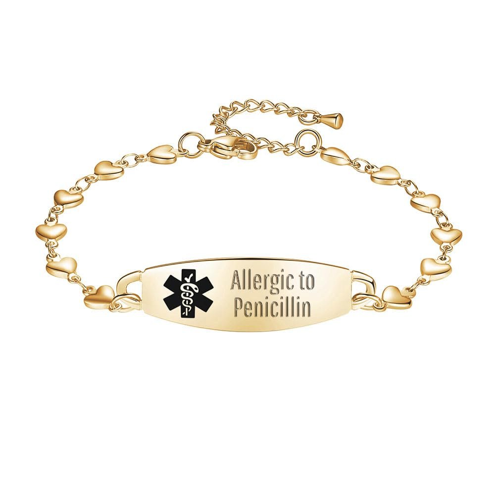 LinnaLove Heart Medical alert bracelet for Women Fashion Medical ID bracelets with Free engravingGold-ALLERGIC TO PENICILLIN 