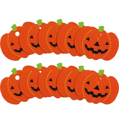 100 Pieces Halloween Pumpkin Gift Tags Paper Hanging Pumpkin Tags Pendants Christmas DIY Party Decorations with Pre Cut Holes, 1.8 x 1.4 Inches