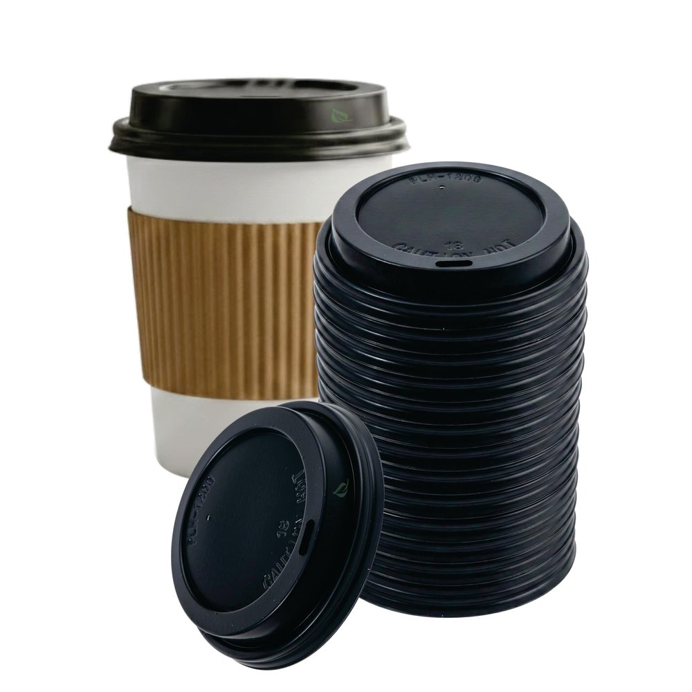 [100 PACK] Disposable Black Dome Lids for Disposable Paper Hot Cups for 10oz - 20oz - Universal Size Fits most 10-20oz Cups - Great for Coffee Shops, Restaurants, Office, Travel, Togo by EcoQuality