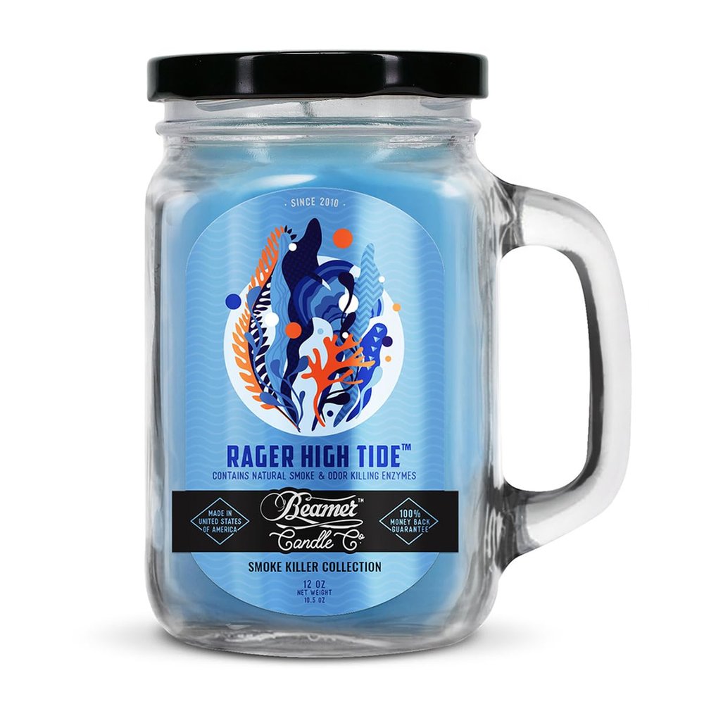 Rager High Tide Candle Odor Eliminating, Strong Scent Crisp Aquatic Freshness Long Lasting 90 Hour Burn Large 12oz Mason Jar Made in USA Beamer Candle Co.