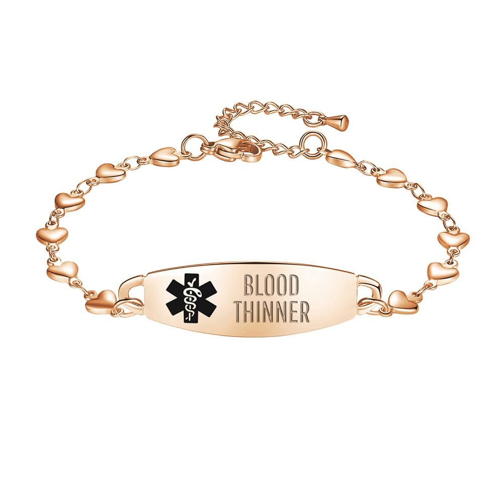 LinnaLove Heart Medical alert bracelet for Women Fashion Medical ID bracelets with Free engravingRose gold-BLOOD THINNER 
