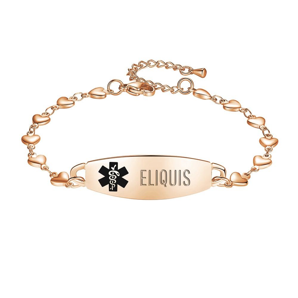 LinnaLove Heart Medical alert bracelet for Women Fashion Medical ID bracelets with Free engravingRose gold-ELIQUIS 