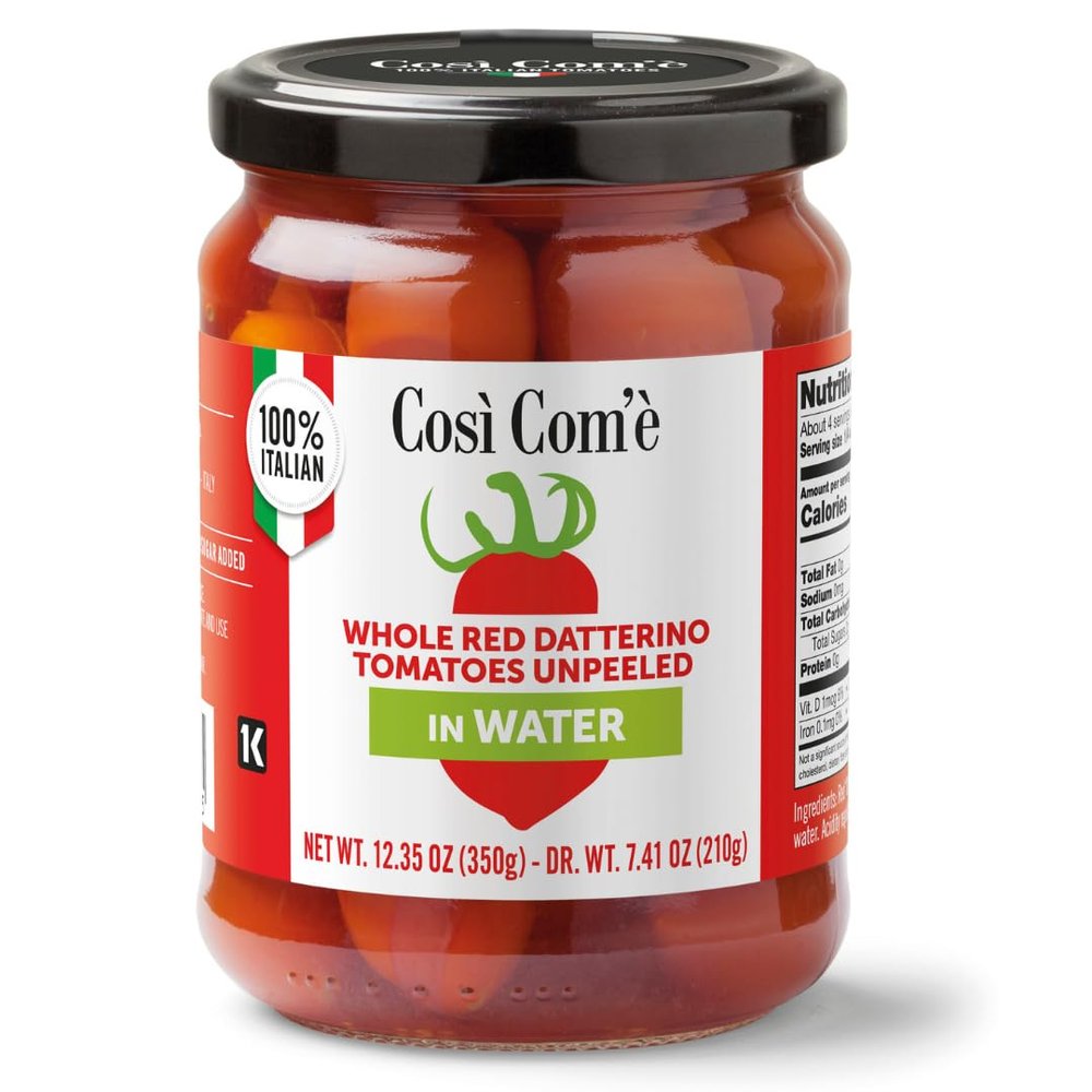 Cosi Come - Datterino Red Tomatoes Unpeeled in Water, Datterini Tomatoes in water (12.354 oz) 350 g, Low-acid, No additives, No preservatives, 100% Natural, Non-GMO, Product of Italy