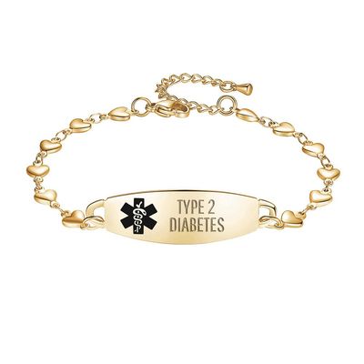 LinnaLove Heart Medical alert bracelet for Women Fashion Medical ID bracelets with Free engravingGold-TYPE 2 DIABETES 