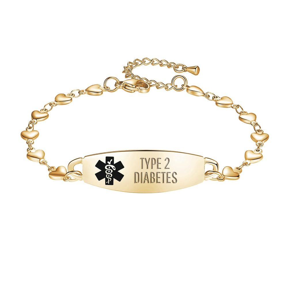 LinnaLove Heart Medical alert bracelet for Women Fashion Medical ID bracelets with Free engravingGold-TYPE 2 DIABETES 