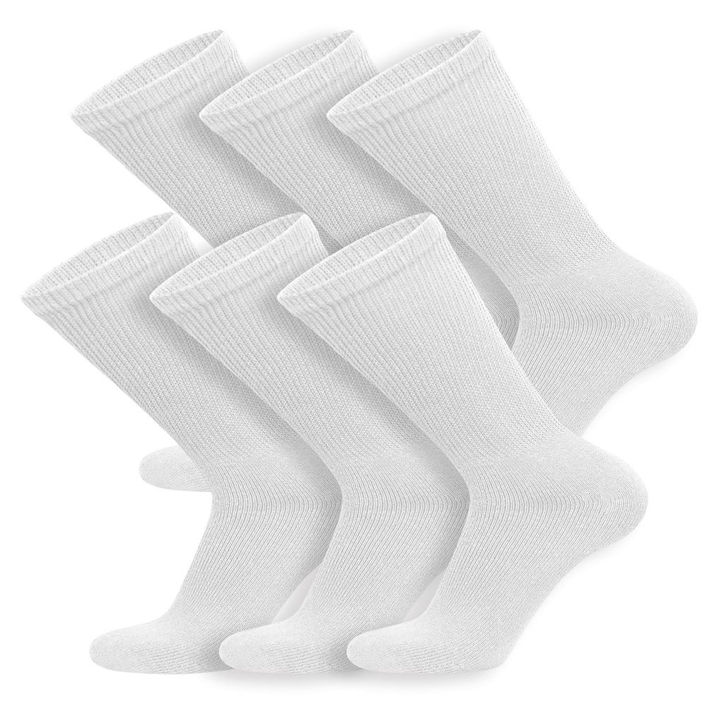 6 Pairs of Cotton Diabetic Neuropathy Crew Socks (9-11, Fits Men's Shoe Size 7-9.5, White)