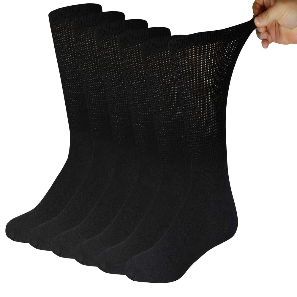 6 Pairs of Cotton Diabetic Neuropathy Crew Socks (9-11, Fits Men's Shoe Size 7-9.5, Black)