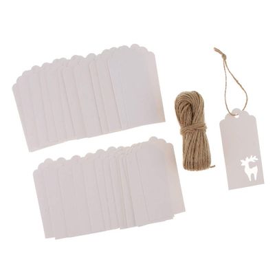 100pcs Christmas Gift Tags Kraft Paper Tags Xmas Deer Elk Hang Tags with Jute Twine Hanging Gift Wrap Tags Cards Label Xmas Tree Decor - White