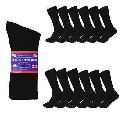 Diamond Star Diabetic Socks, Non-Binding Circulatory Cushion Cotton Crew Diabetic Socks for Mens Womens 10-13 (12 Pairs Black)