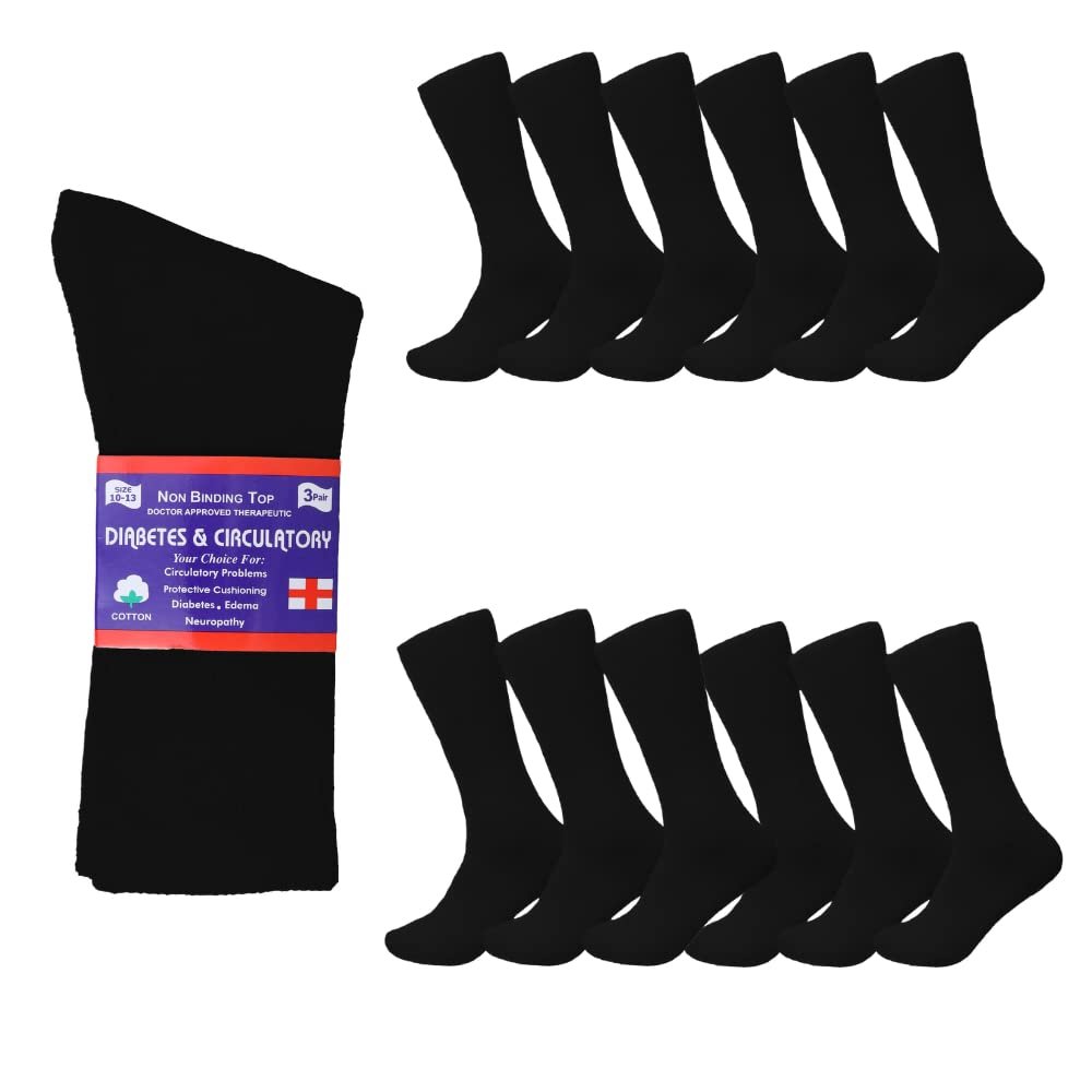 Diamond Star Diabetic Socks, Non-Binding Circulatory Cushion Cotton Crew Diabetic Socks for Mens Womens 10-13 (12 Pairs Black)