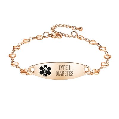 LinnaLove Heart Medical alert bracelet for Women Fashion Medical ID bracelets with Free engravingRose gold-TYPE 1 DIABETES 