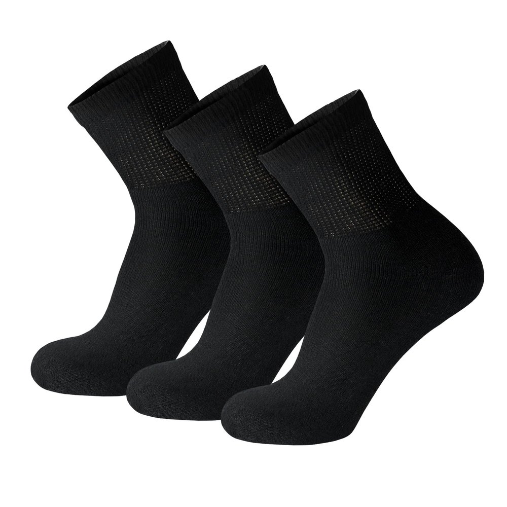 3 Pack of Premium Diabetic Cotton Quarter Length Athletic Sport Ankle Socks (Black, 10-13)