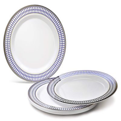 " OCCASIONS " 60 Plates Pack, Heavyweight Disposable Wedding Party Plastic Plates (10.5'' Dinner Plate, Odyssey in White/Blue & Gold)
