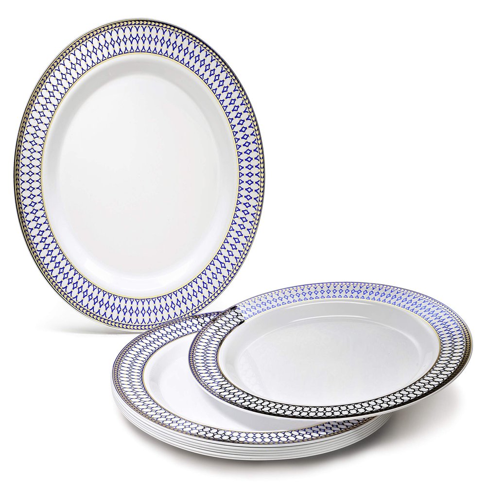 " OCCASIONS " 60 Plates Pack, Heavyweight Disposable Wedding Party Plastic Plates (10.5'' Dinner Plate, Odyssey in White/Blue & Gold)