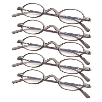 5-Pack Mini Oval Round Reading Glasses with Spring Temple GreyFrame