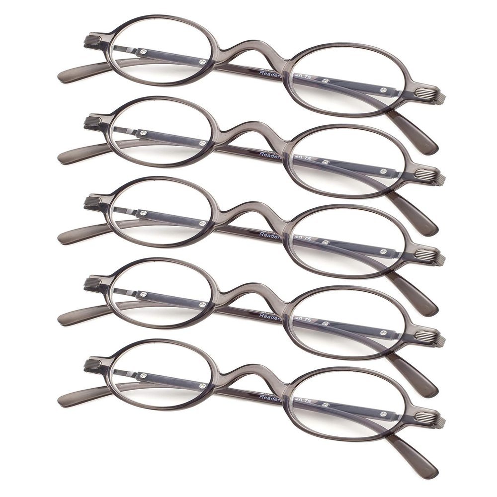 5-Pack Mini Oval Round Reading Glasses with Spring Temple GreyFrame