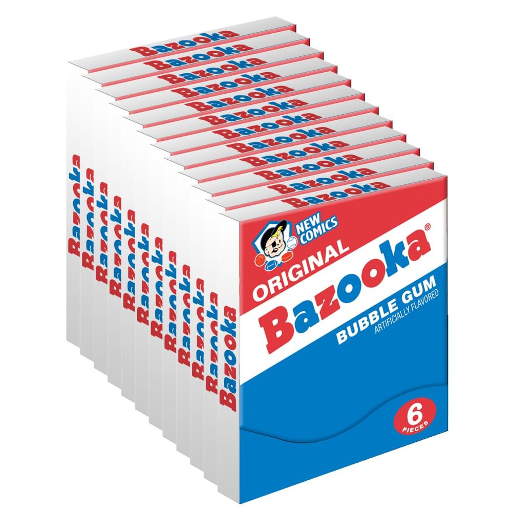 Bazooka Bubble Gum Bulk Individually Wrapped Original Pink Chewing Gum Mini Wallet Packs, 6 Piece Pack (12 Ct) Pink w/Bazooka Joe Comic Wrapper, Baseball Party Favors, Nostalgic 90s Candy
