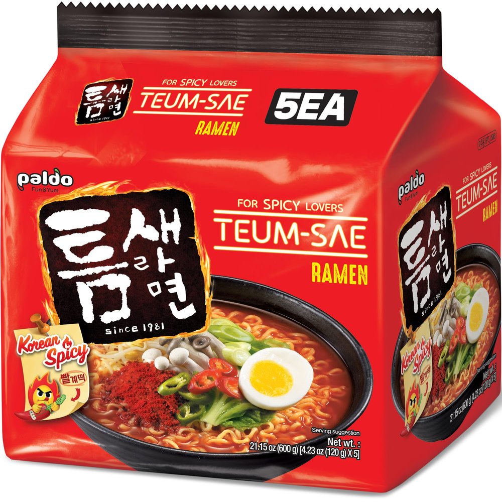 Paldo Hot and Spicy Teumsae Ramen Korean Instant Noodle 4.23oz (Pack of 5)