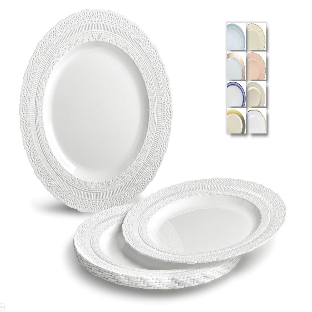 " OCCASIONS " 60 Plates Pack, Extra Heavyweight Vintage Wedding Party Disposable Plastic Plates (8.25'' Appetizer/dessert plate, Chateau in White)