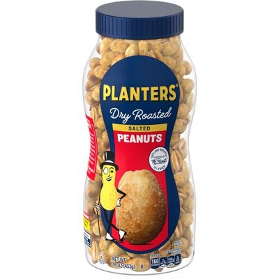 PLANTERS Dry Roasted Peanuts, Plant-Based Protein, Dry Roasted Peanut Snacks, 16 Oz Jar (Pack of 6)