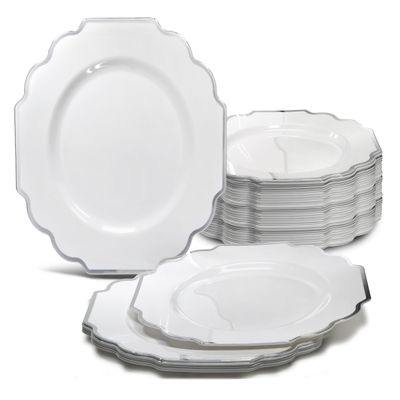 " OCCASIONS " 60 Plates Pack, Heavyweight Disposable Wedding Party Plastic Plates (10.5'' Dinner Plate, Imperial White & Silver)