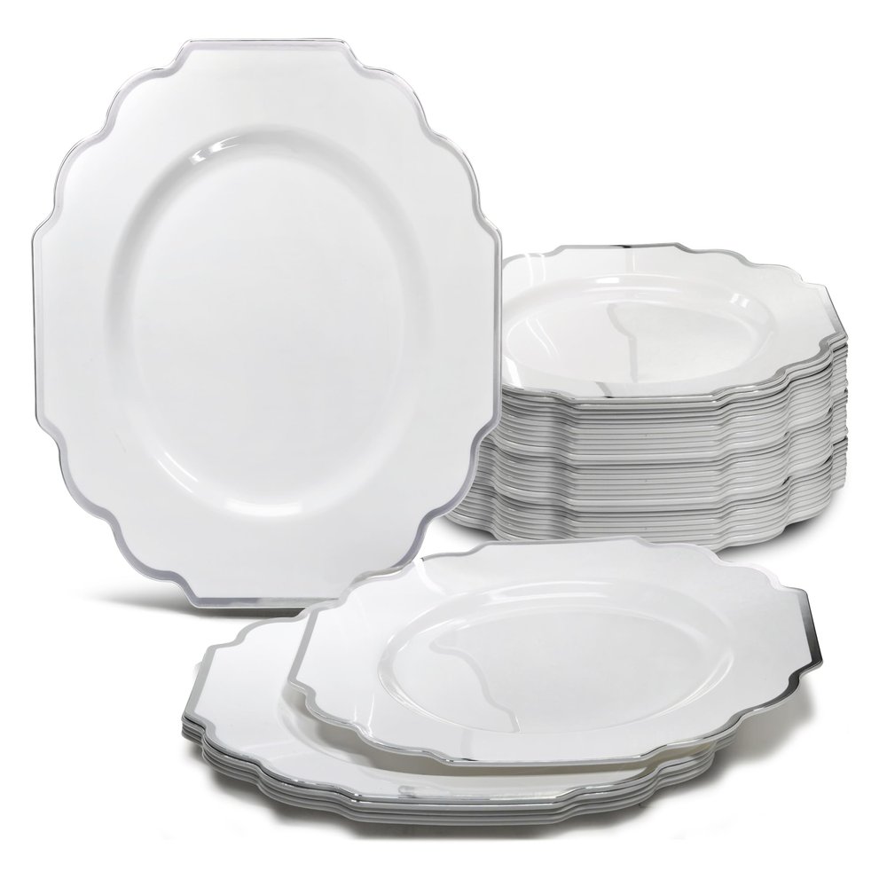 " OCCASIONS " 60 Plates Pack, Heavyweight Disposable Wedding Party Plastic Plates (10.5'' Dinner Plate, Imperial White & Silver)