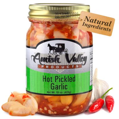 Amish Valley Products Country Pickled Garlic Sweet or Hot Flavor 15 oz Glass Jar (Hot, 1-15oz JAR)