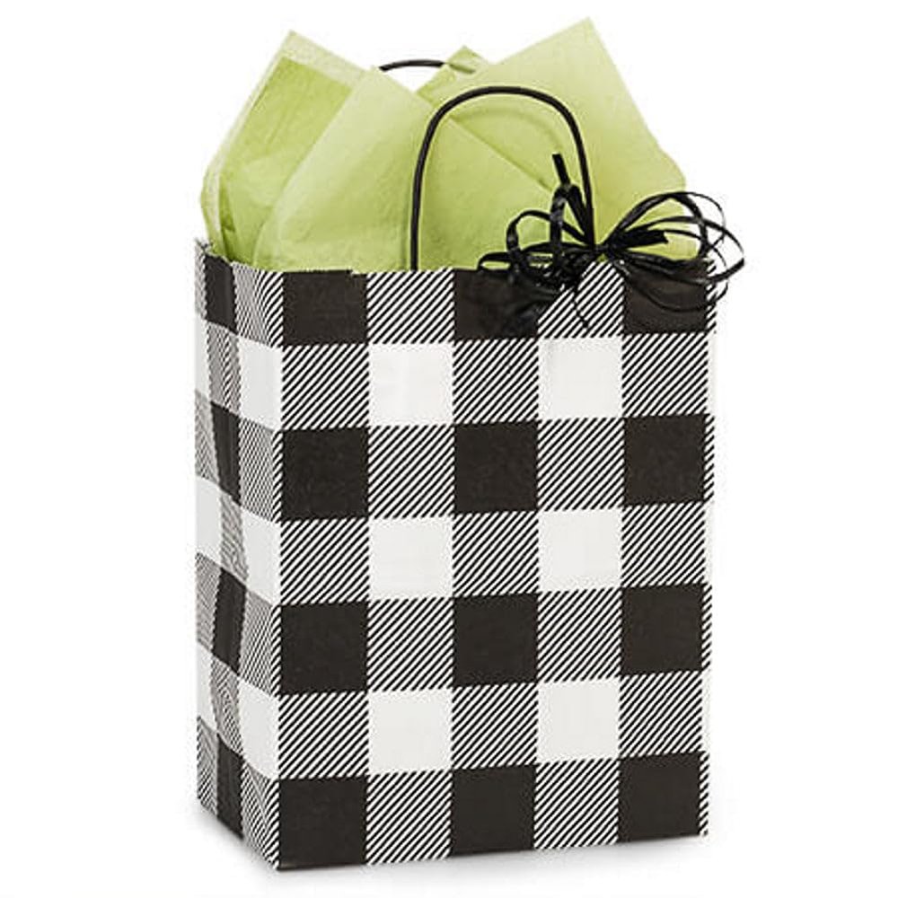 NW Buffalo Plaid Black Paper Shopping Bags - Cub Size - 8 x 4 3/4 x 10 1/4in. - 150 Pack