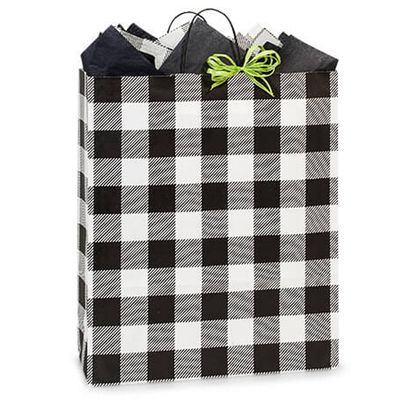 NW Buffalo Plaid Black Paper Shopping Bags - Queen Size - 16 x 6 x 19in. - 25 Pack