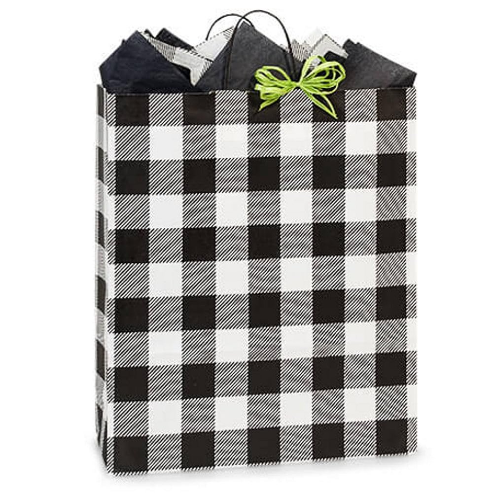 NW Buffalo Plaid Black Paper Shopping Bags - Queen Size - 16 x 6 x 19in. - 25 Pack