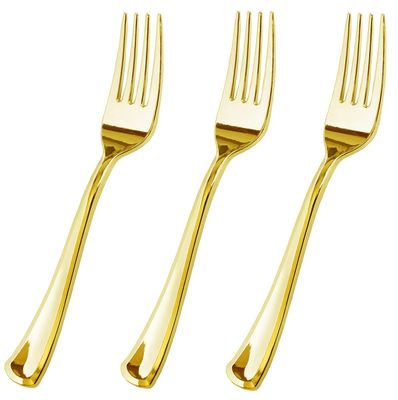 100 Piece Gold Plastic Forks Set - Reusable & Recyclable - Gold Plastic Forks for Weddings, Anniversaries, Showers, Parties - Elegant and Sturdy Utensils by JL Prime