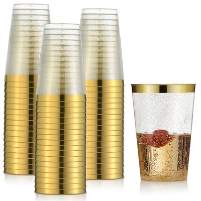 100 Gold Plastic Cups 12 oz Gold Glitter with a Gold Rim - Premium Disposable Party Cups - Elegant and Classy Sturdy Cups - Weddings Birthdays Anniversaries and Other Social Events