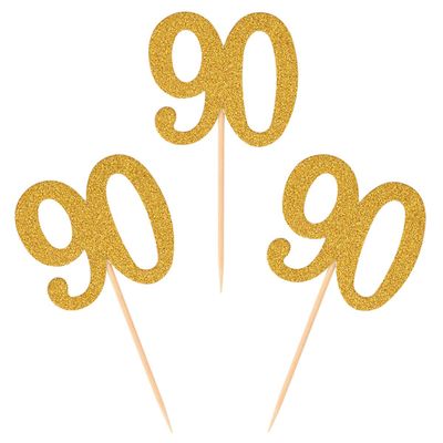 Donoter 50pcs 90th Cupcake Toppers Gold Glitter Number 90 Cake Picks for Birthday Anniversary Party Decoration