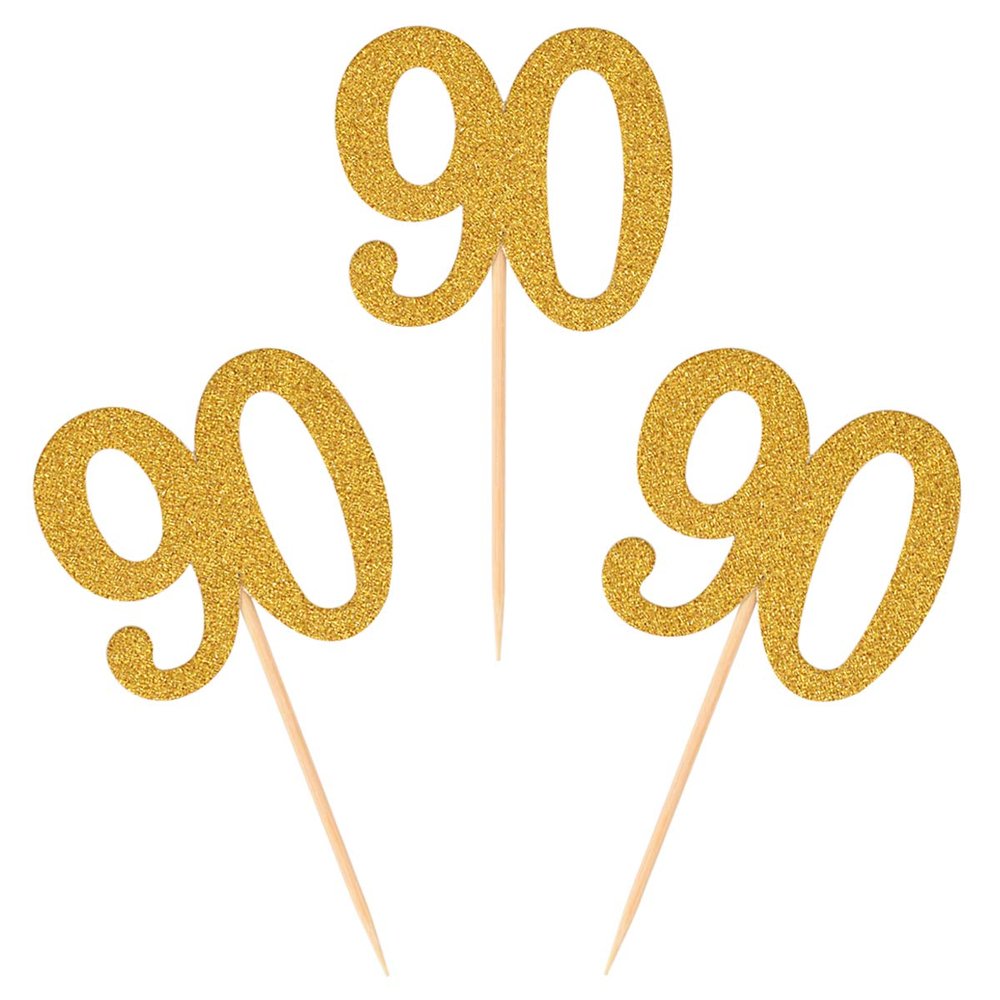 Donoter 50pcs 90th Cupcake Toppers Gold Glitter Number 90 Cake Picks for Birthday Anniversary Party Decoration