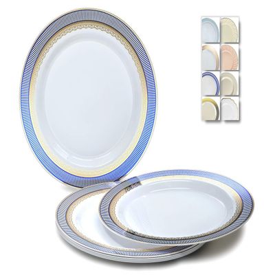 " OCCASIONS " 60 Plates Pack, Heavyweight Disposable Wedding Party Plastic Plates (10.5'' Dinner Plate, Louvre in White/Blue & Gold)
