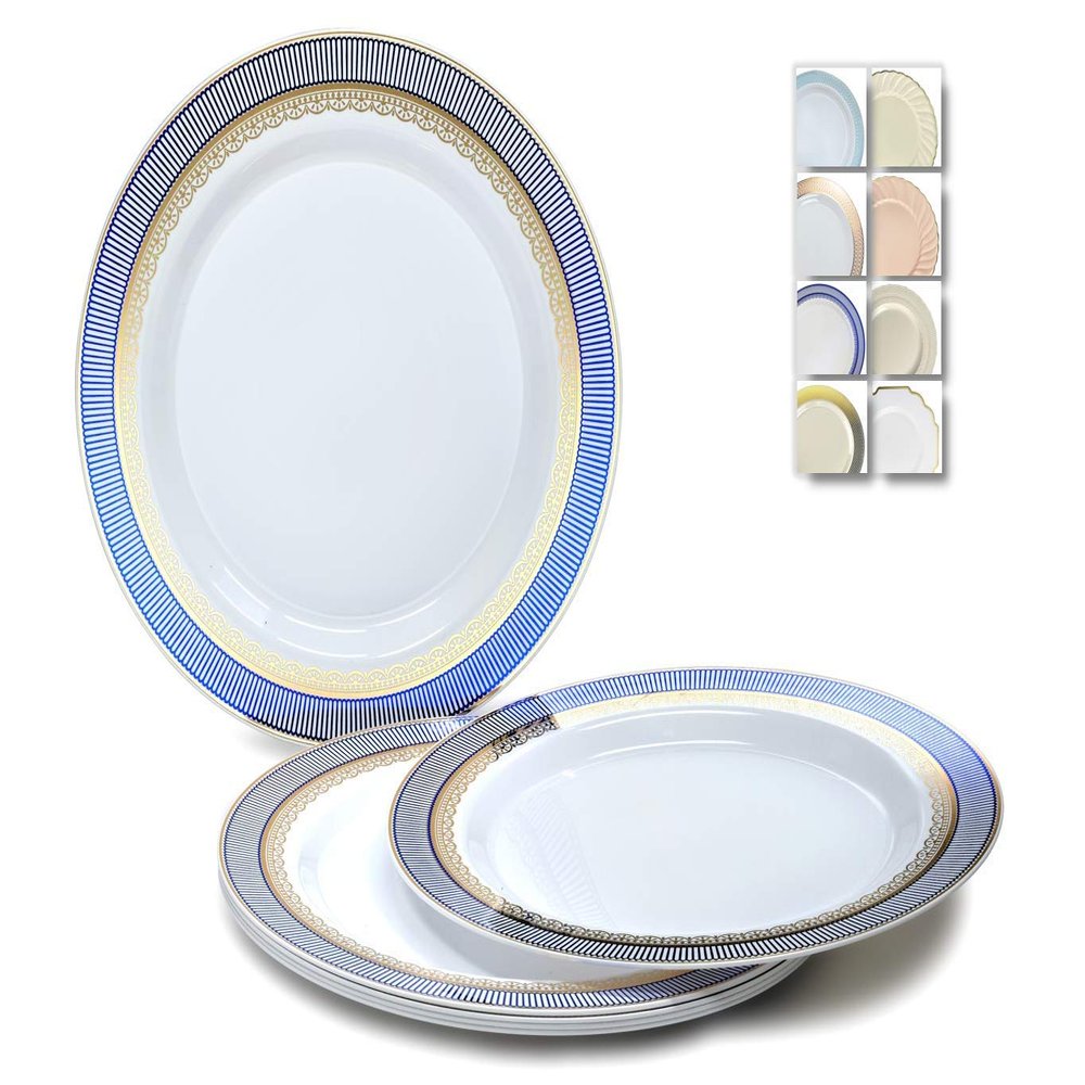 " OCCASIONS " 60 Plates Pack, Heavyweight Disposable Wedding Party Plastic Plates (10.5'' Dinner Plate, Louvre in White/Blue & Gold)