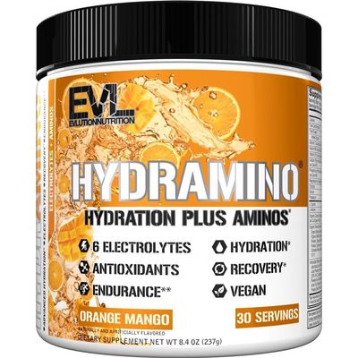 Evlution Nutrition HYDRAMINO Complete Hydration Multiplier, All 6 Electrolytes, Vitamin C & B, Fluid Boosting Aminos, Coconut Water, Endurance, Recovery, Antioxidants, 30 Serve, Orange Mango